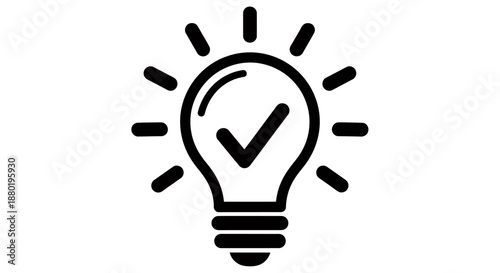 Black light bulb icon with check mark symbolizing idea approval.
