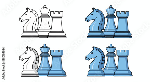 Set of chess pieces including knight, king, and queen in different styles and colors.