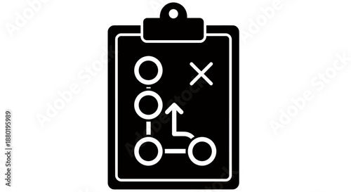 Black clipboard with strategic game plan diagram and arrows.