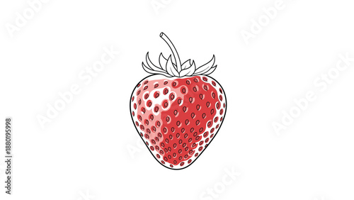 Bright red ripe strawberry with green leaves and yellow seeds illustrated in a vibrant and delicious graphic style.