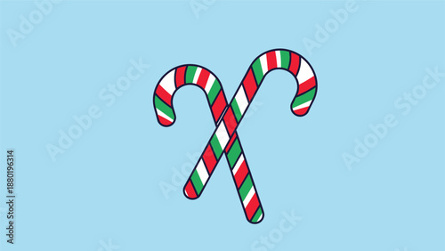 Pair of crossed christmas candy canes with red, white, and green stripes set against a soft light blue background for holidays.