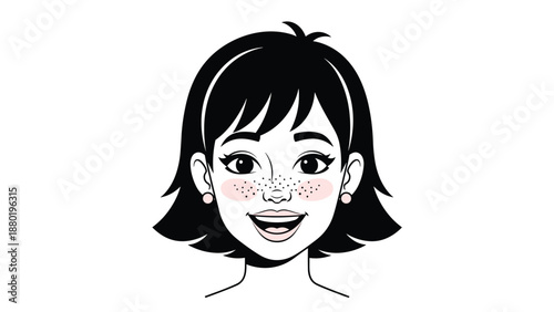 Charming cartoon portrait of a smiling young girl with black hair, freckles, and pink cheeks for character design projects.