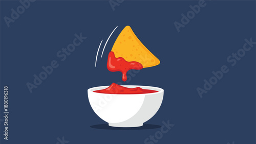 Dynamic vector illustration of a yellow corn tortilla chip being dipped into a bowl of spicy red salsa on a dark background.