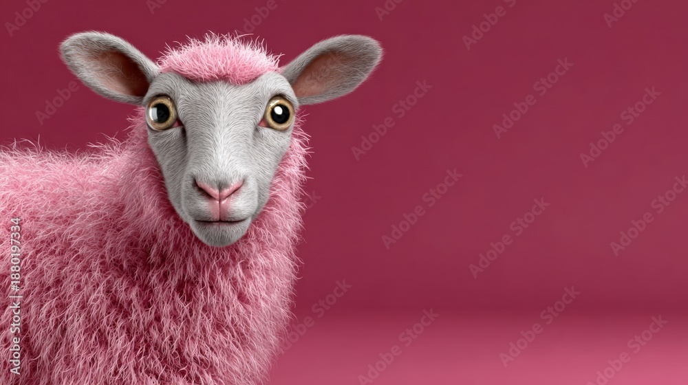 Obraz premium A sheep with pink fur is staring at the camera. The pink color of the sheep's fur creates a playful and whimsical mood in the image
