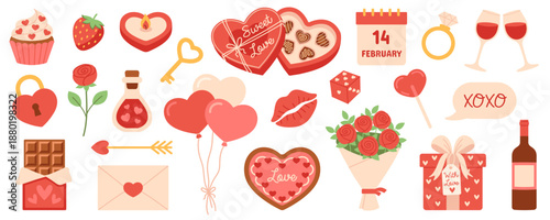 Valentine's day illustration set: hearts, gifts, sweets, flowers, wine, calendar, romantic icons. Cute flat elements for love design, wedding graphics, greeting cards. Isolated background. Hand drawn.