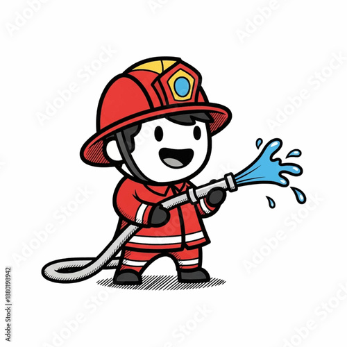 Adorable Cartoon Firefighter Spraying Water with Hose Vector Illustration

