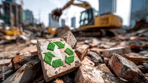 Recycling symbol on construction waste at a construction site, with a partially constructed building in the background