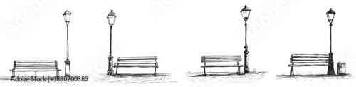 Hand drawn park bench and street lamp set in ink sketch vector style showing empty urban outdoor seating with classic lantern design creating calm quiet atmosphere