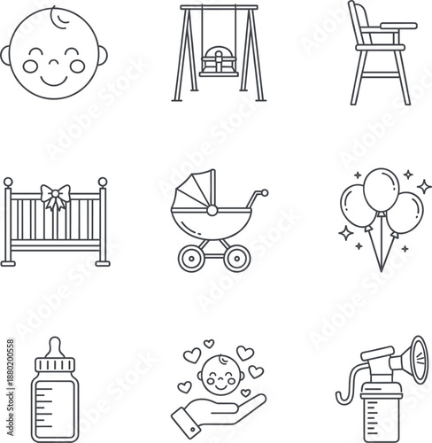 Professional baby nursery line icon set featuring stroller crib high chair and playground swing for parenting web design.