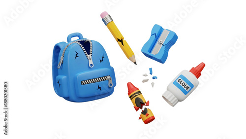Vibrant 3D School Supplies Blue Backpack Broken Pencil Crayon Sharpener Glue Bottle Playful Render.