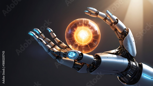 Robot hands holding glowing sphere futuristic technology concept dark background generative ai