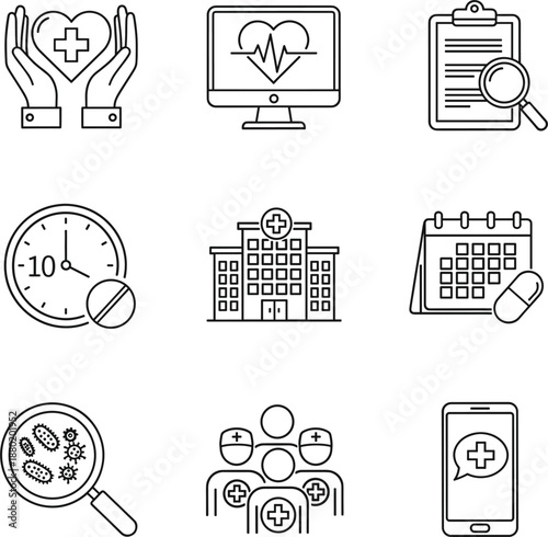 Professional hospital building and medical management line icon set featuring clinical scheduling heart monitoring and laboratory research symbols.