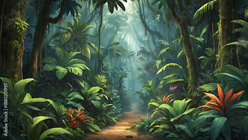 Misty jungle forest trail with sunlight filtering through tall trees and lush botanical plants for nature backdrop art