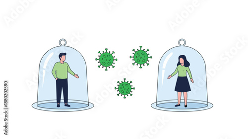 Social distancing concept with a man and a woman isolated under glass domes to protect them from floating virus cells.