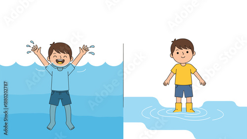 Educational cartoon showing the safety concept of deep vs shallow water with a boy drowning and another standing in a puddle.