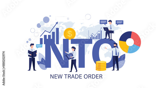 NTO - New Trade Order business acronym concept showing people working globally with charts, graphs, and financial currency symbols.