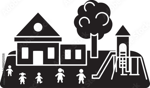 Black and white of school building and playground with children