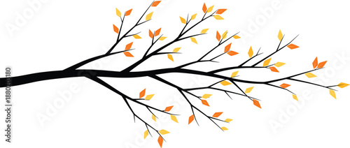 Stylized autumn tree branch vector illustration with vibrant gold and orange leaves for seasonal fall decor.