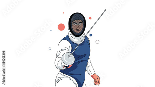 Focused female fencer in a hijab, wearing protective gear and a mask, pointing her foil forward in a dynamic lunge pose.