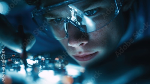 Wallpaper Mural Young Male Scientist Analyzing Circuit Board in Laboratory with Focused Expression Torontodigital.ca