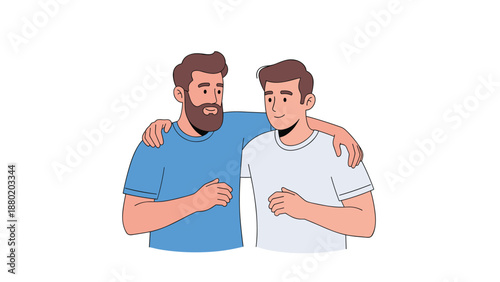 Two happy male friends or brothers standing together and hugging, showing support, friendship, and a strong positive bond.