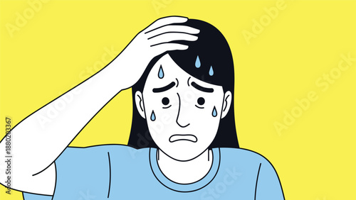 Anxious woman sweating with a worried expression on her face, touching her forehead in a state of panic, stress, or fear.