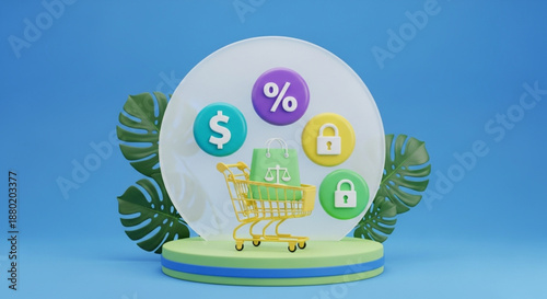 World Consumer Rights Day Shopping Cart with Financial Icons Representing Online Discounts and Secure E-commerce in Digital Environment
