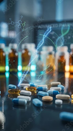 Pills Scattered on Dark Reflective Surface with Holographic Dna Model in the Background and Assorted Medicine Bottles