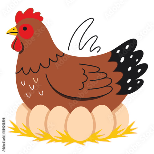 Cute brown hen sitting on several light colored eggs nestled in yellow straw with simple line art details and a playful style chicken brooding nesting farm animal poultry agriculture