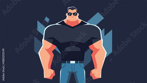 Cartoon illustration of a muscular and confident man with sunglasses, wearing a tight black t-shirt and jeans, showing off his build.