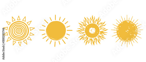 Collection of four distinct hand drawn style golden yellow sun icons featuring different ray shapes like triangles simple lines wavy flares and textured circles drawing doodle summer