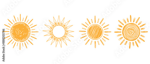 A set of four distinct hand drawn orange sun icons featuring varied scribble line art and doodle styles representing warmth and bright illumination drawing star summer weather ray celestial