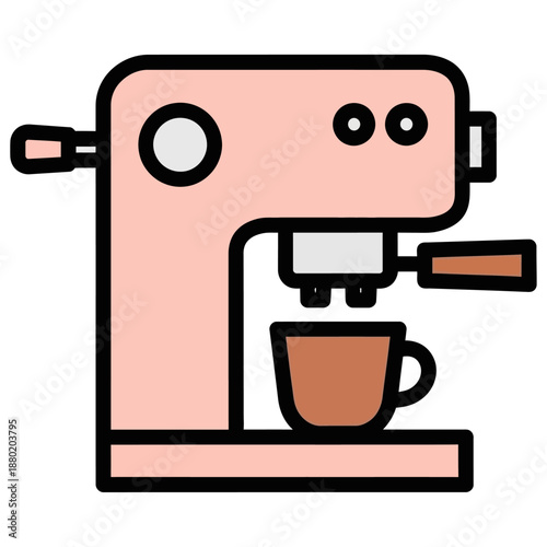 Simplified illustration depicting a pale pink espresso machine dispensing brewed coffee into a small brown cup under the dispenser head coffee maker coffee cup beverage caffeine drink