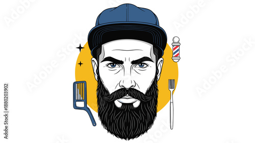 Barber shop logo or mascot featuring the face of a serious man with a large beard and mustache, with barber tools nearby.