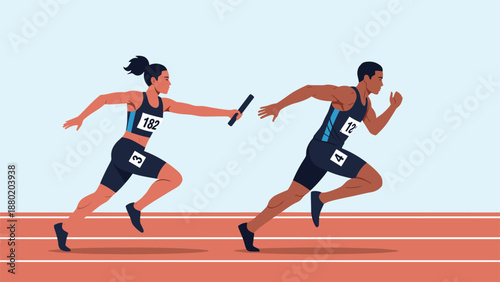 Relay race runners on a track, with a female athlete passing the baton to her male teammate during a sprint competition.