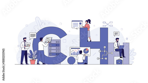 Business concept for CH with miniature people working around the large letters, managing data servers, and analyzing charts.