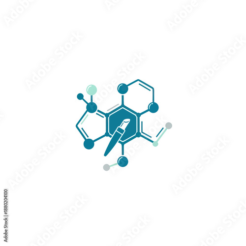 Abstract molecular structure with a pen nib inside a hexagon.