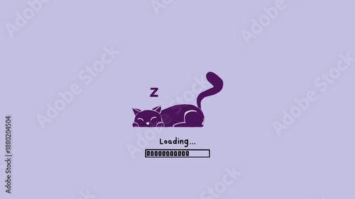 Cute purple cat snoozing above a loading bar, an adorable digital illustration for waiting screens, symbolizing patience and quiet system progress