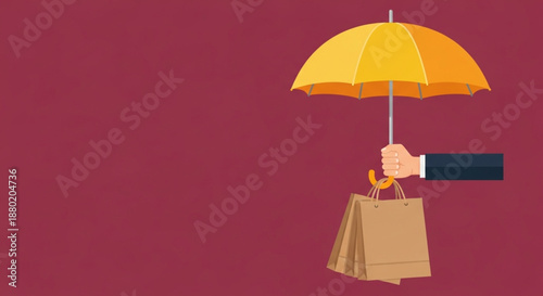 World Consumer Rights Day Hand Holding Yellow Umbrella and Paper Shopping Bag Conceptual Illustration on White Background, Studio View, Business and Lifestyle Theme