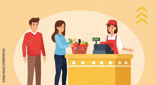 World Consumer Rights Day Customer purchasing groceries from cashier at store counter in retail environment with friendly service interaction
