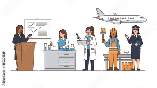 Illustration of diverse professional girls in various occupations with an airplane in the background on a clean white surface.