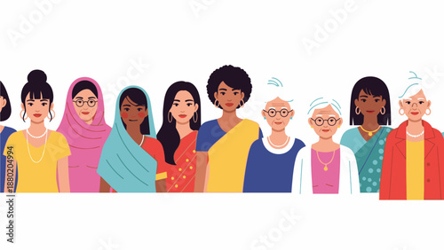 Diverse group of girls and women of different ages and ethnicities standing together in a colorful and vibrant flat lay illustration with a lively and multicultural mood.