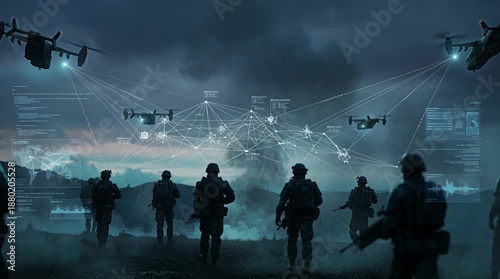 Soldiers Silhouette with Rifles and Drones Flying in Misty Landscape with Communication Graphics on Blue Sky Digital Military Concept