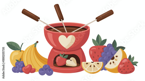 Romantic Valentine's Day Chocolate Fondue Set Vector with Dipping Fruits and Strawberries