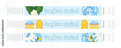 Songkran Thai New Year Festival Entry Wristband Set with Water Splashes, Flowers, Traditional Decorations, Elephant, Buddhist Temple and Buddha Illustration