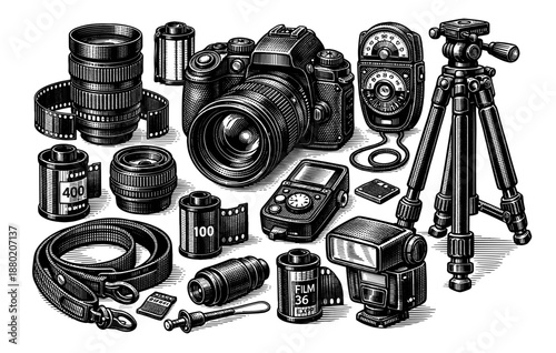 Vintage camera set with lenses, tripod, and film rolls in black and white illustration