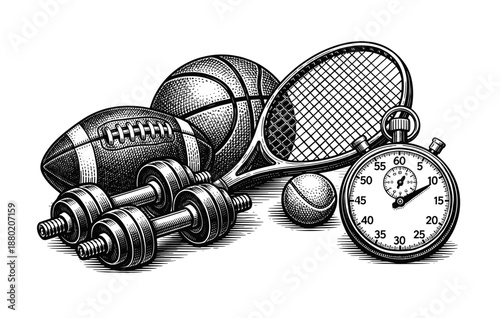 Vintage sports equipment illustration featuring ball, racquet, and stopwatch
