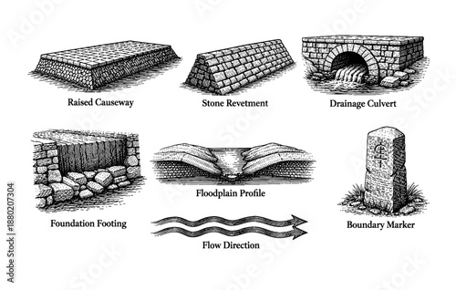 Ancient engineering structures and symbols depicting water management techniques