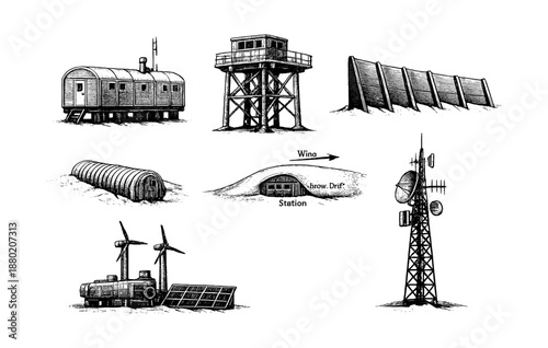 Isolated antarctic research station with wind drift and communication facilities