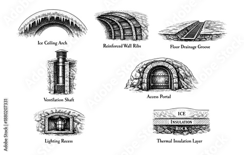 Ice cave structure with insulation, drainage, and ventilation details